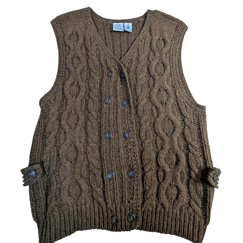 Vintage J.G. Hook Wool Vest – M Brown Shetland Cable Knit Double Breasted